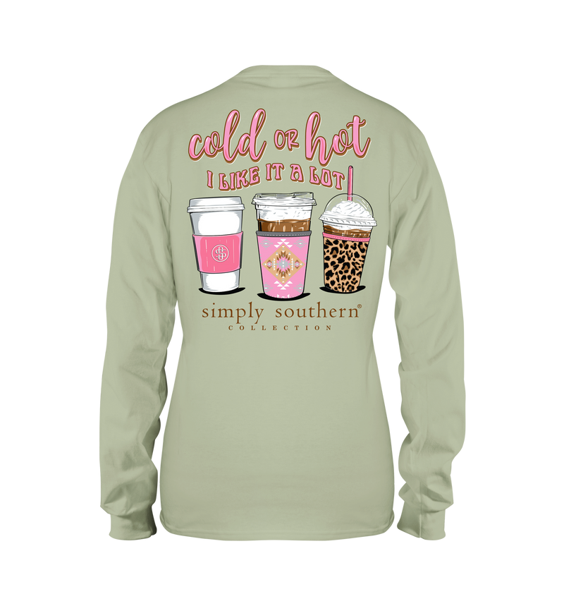Long Sleeve Cold or Hot with three coffee beverages in multipatterned cup sleeves and the phrase