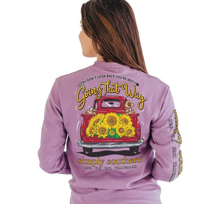 Going That Way Long Sleeve with the tailgate of a red truck carrying yellow sunflowers and a dog