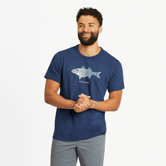 Men’s slim-fit textured slub tee with detailed striped bass graphic, ultra-soft 100% USA grown cotton for outdoor fishing lovers


