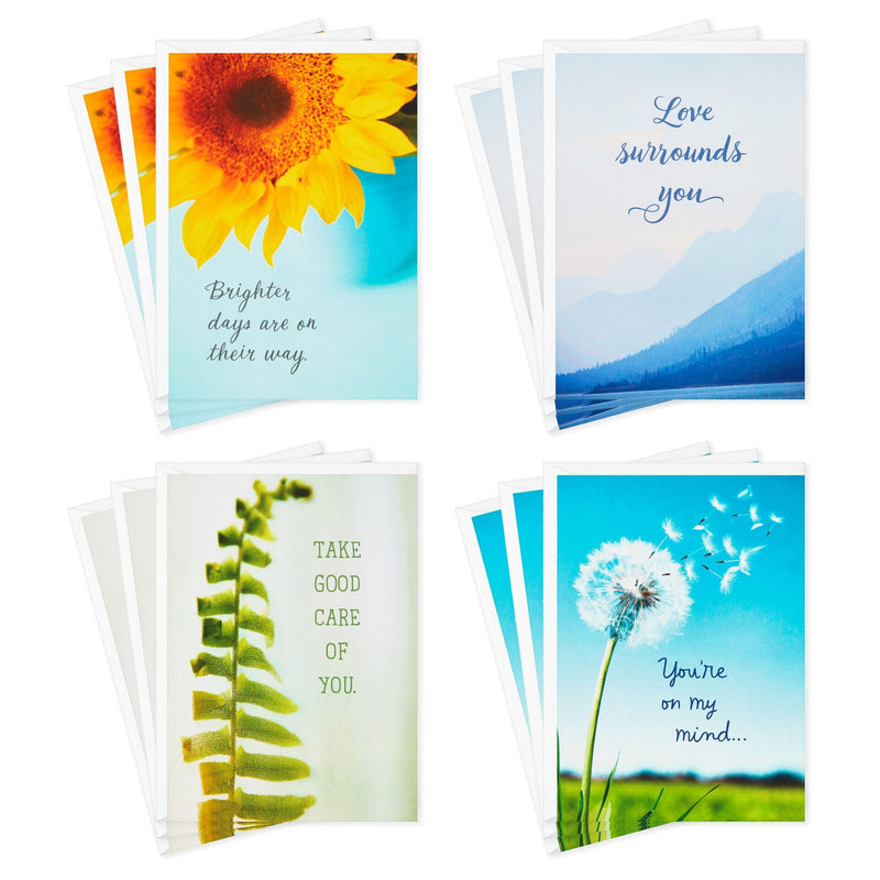 The Thinking of You greeting card assortment pack includes 12 cards and envelopes: 3 of each of the four designs.