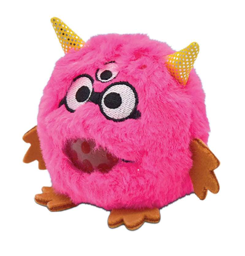 A round, pink-faced, three-eyed, squeezable, gel-filled monster plush toy.