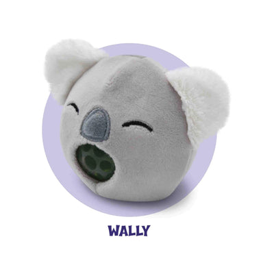A round,squeezable,gel-filled wally plush toy.