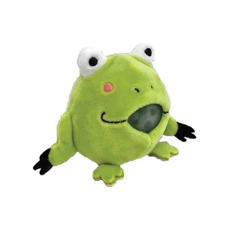A big-eyed, green, squeezable, gel-filled frog plush toy