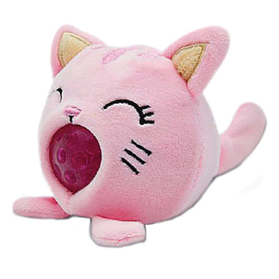 A pink, squeezable, gel-filled cat plush toy.