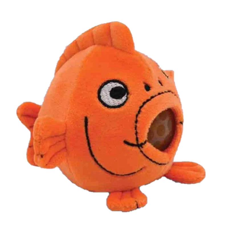 A flexible orange fish with a squeezable gel bead inside