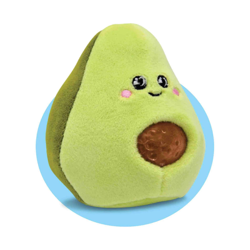 A pocket-size, squeezable, gel-filled bravocado plush toy.