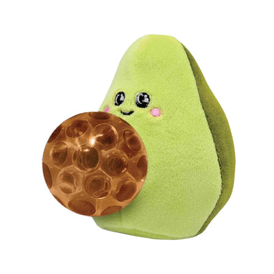 A pocket-size, squeezable, gel-filled bravocado plush toy.