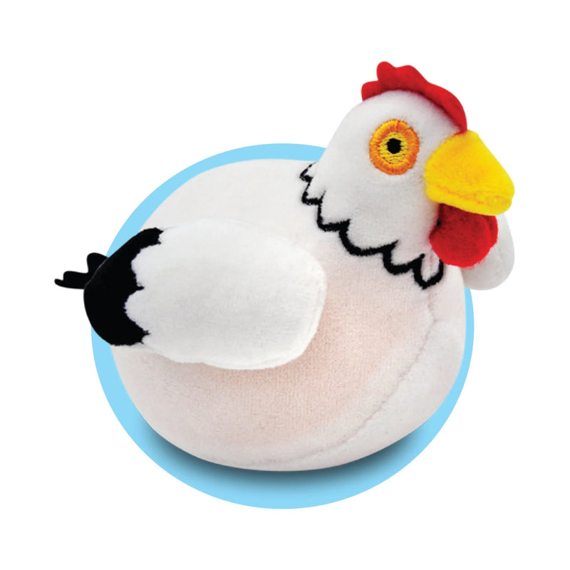 A white and black squeezable gel-filled hen plush toy.