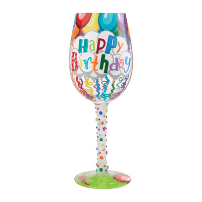 balloon-decorated wine glass from Lolita. Handpainted glass with colorful balloons and a toast-worthy design 