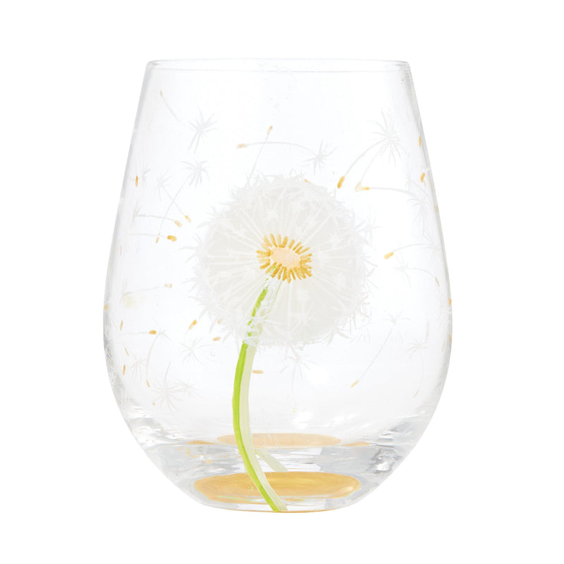 Dandelion Wish Artisan Hand Painted Stemless Wine Glass, Multi-Colour: