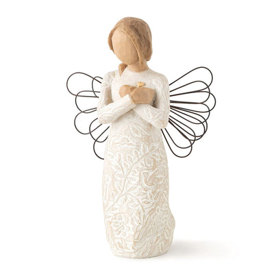 Remembrance: Willow Tree in a cream dress with wire wings and crossed hands beneath a small gold-leaf heart.