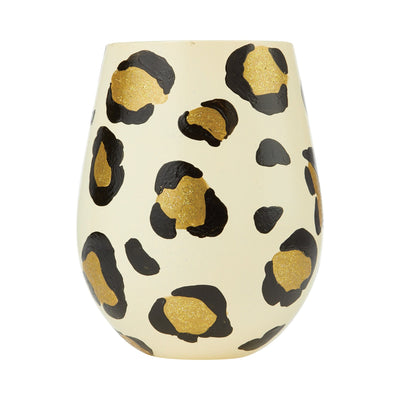 Shine on with this gold foil leopard print stemless wine glass. wild side while sipping bubbly.