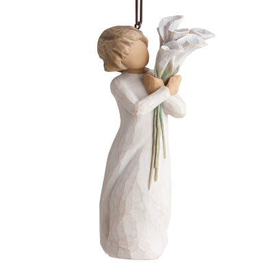 Beautiful Wishes Ornament – Willow Tree with in a cream dress, holding a large tall bouquet of white calla lilies. 