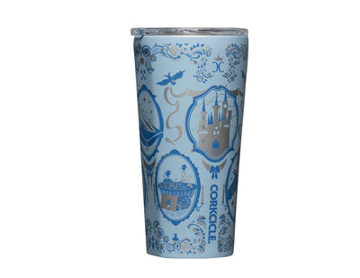 cup featuring illustrations from Disney's "Cinderella" on a light blue background.