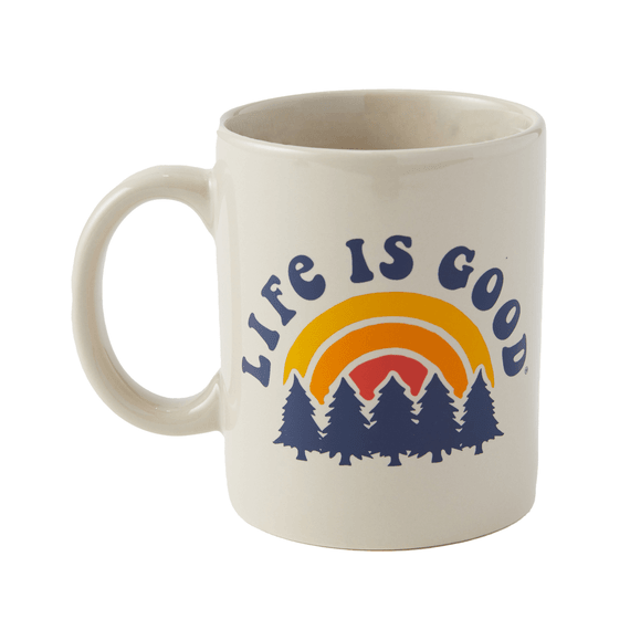 Bone-colored 16oz ceramic Rainbow Forest Jake’s mug, microwave and dishwasher safe, cozy optimistic design


