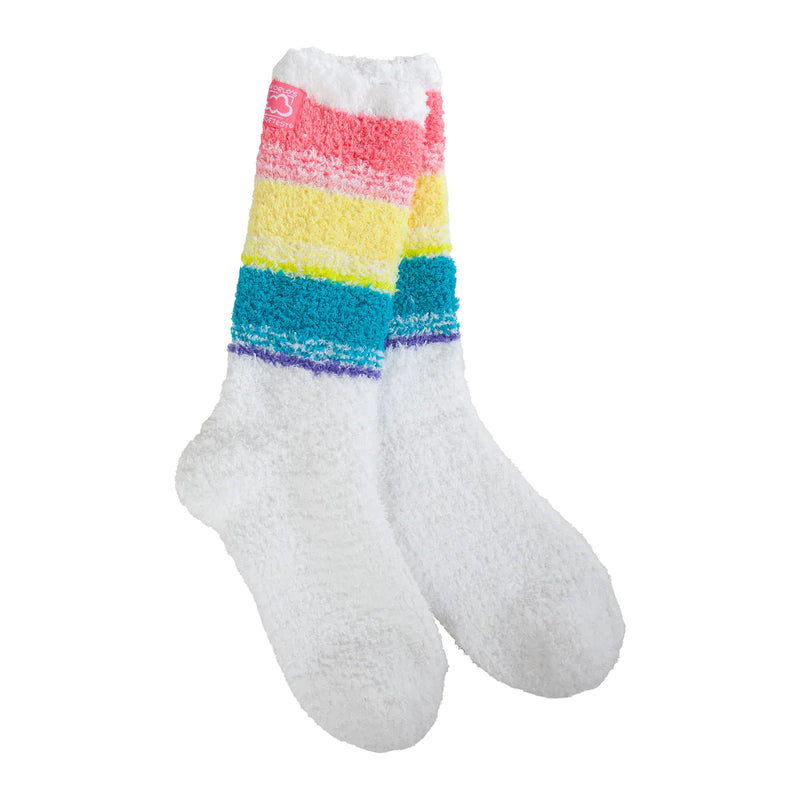Holiday Light Weight Cozy Crew socks with multi-colored stripes, soft and festive for winter lounging or stocking stuffers.