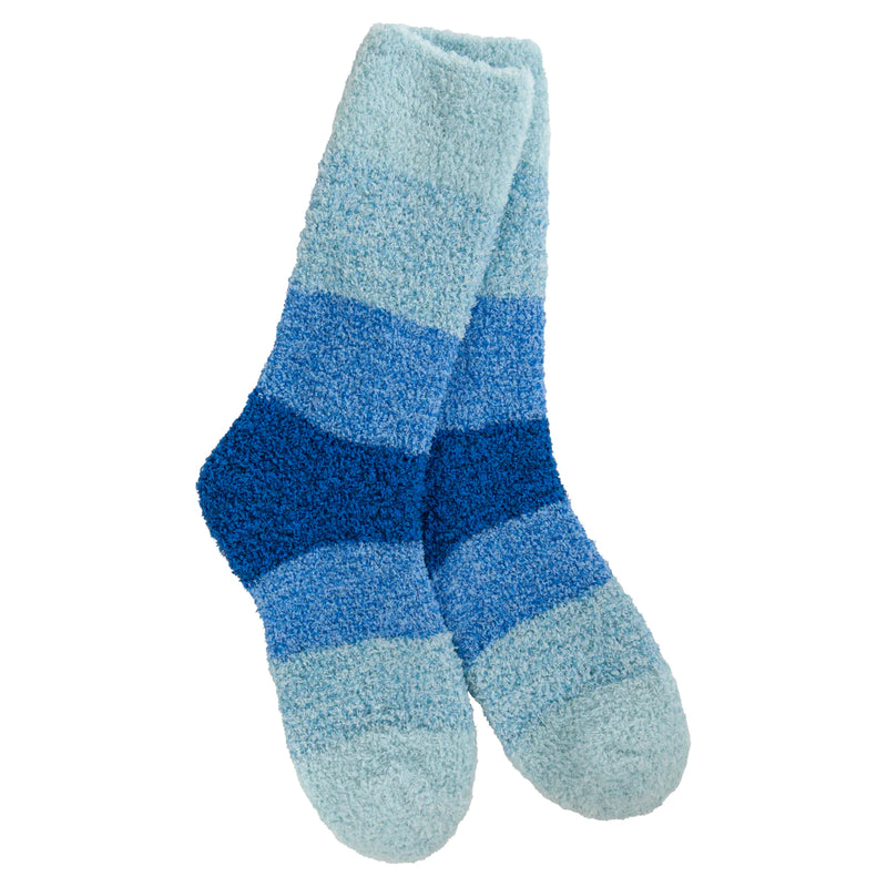 Lightweight cozy crew socks in soothing Blue Ombre gradient, perfect for lounging in comfort and style.