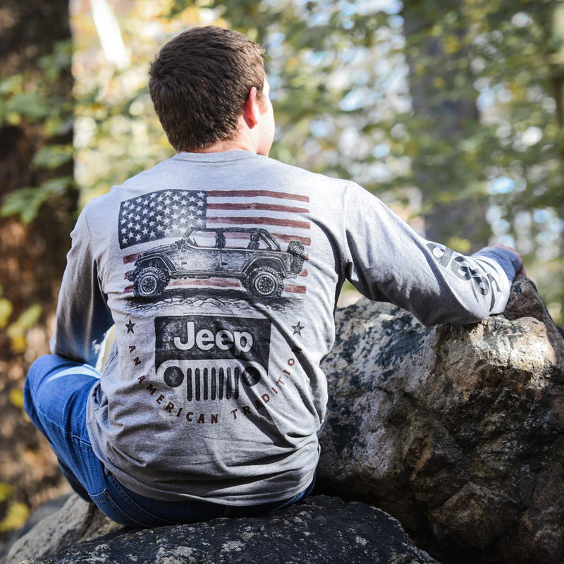 incredibly soft cotton/poly blend unisex long sleeve Jeep shirt. Back Print Art; Jeep® Logo on Front Left Chest