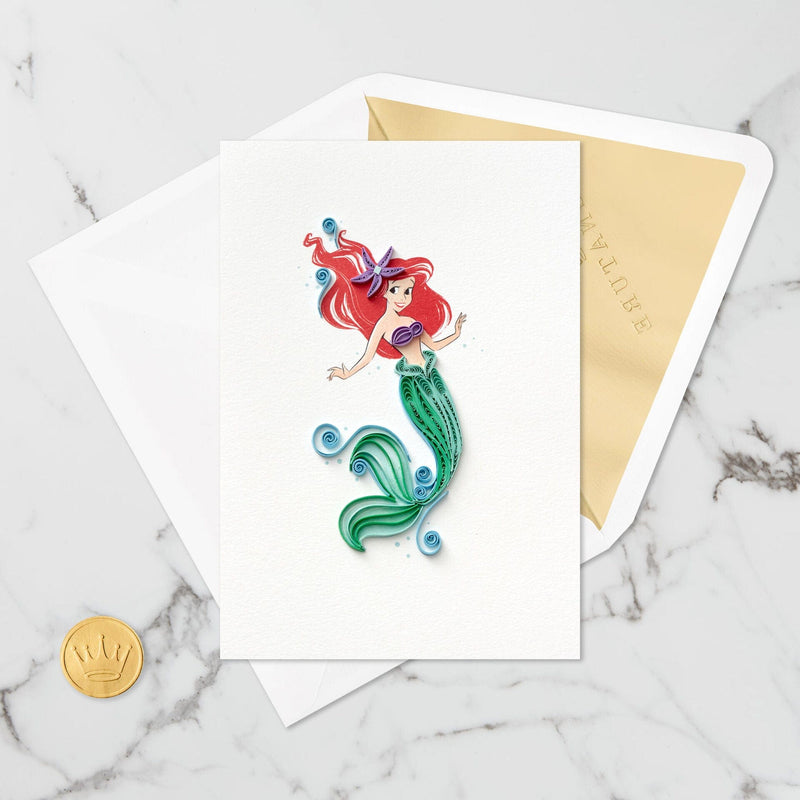 The greeting card features an intricate quilled paper design of Disney Princess Ariel from