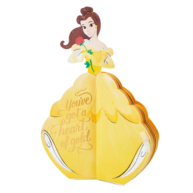 A pop-up greeting card features an intricate laser-cut design of Disney Princess Belle from "Beauty and the Beast."