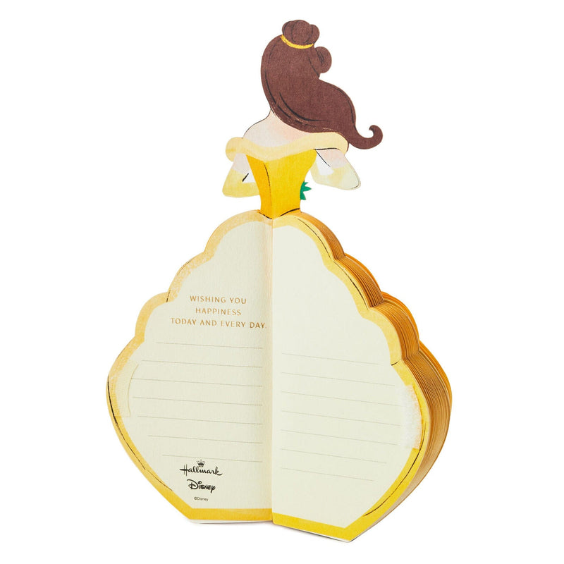 A pop-up greeting card features an intricate laser-cut design of Disney Princess Belle from "Beauty and the Beast."