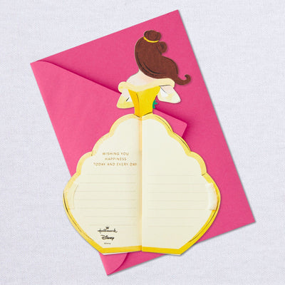 A pop-up greeting card features an intricate laser-cut design of Disney Princess Belle from "Beauty and the Beast."