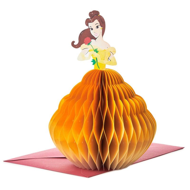 A pop-up greeting card features an intricate laser-cut design of Disney Princess Belle from "Beauty and the Beast."