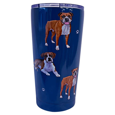 Boxer 16oz tumbler with 3D raised dog artwork, spill-proof slider lid, and double wall insulation for hot or cold drinks