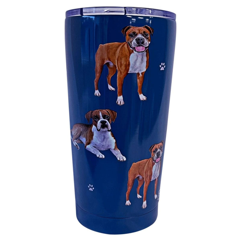 Boxer 16oz tumbler with 3D raised dog artwork, spill-proof slider lid, and double wall insulation for hot or cold drinks