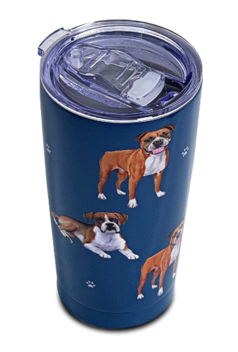 Boxer 16oz tumbler with 3D raised dog artwork, spill-proof slider lid, and double wall insulation for hot or cold drinks