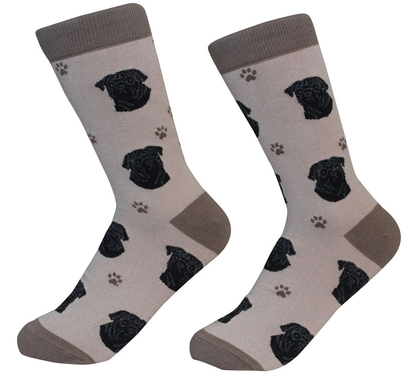 Black Pug socks featuring 20+ woven pug faces, crafted from high-quality cotton with 200-needle count, unisex, soft.