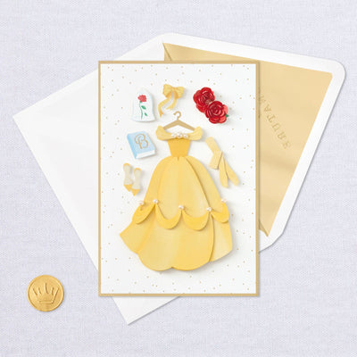 The greeting card features die-cut attachments from Disney's "Beauty and the Beast."