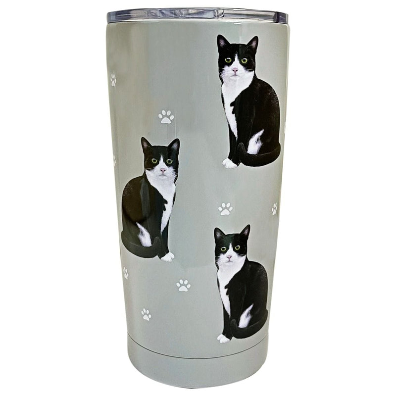 Black & White Cat 16oz tumbler with 3D raised cat design, spill-proof lid, and vacuum insulation to keep drinks hot or cold