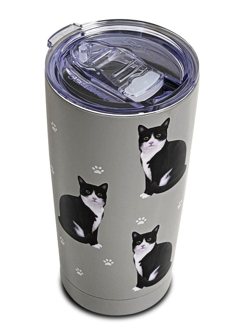 Black & White Cat 16oz tumbler with 3D raised cat design, spill-proof lid, and vacuum insulation to keep drinks hot or cold