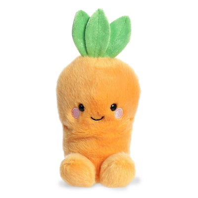 The stuffed carrot has soft orange plush, embroidered rosy cheeks, and a sweet smile.