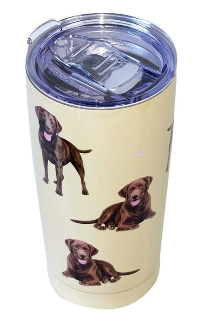 Chocolate Lab 16oz tumbler with 3D dog artwork, spill-proof slider lid, and vacuum insulation for hot or cold drinks