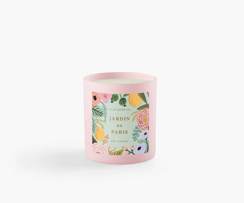 9.5oz soy wax candle is a painted glass vessel and is packaged in a decorative gift box with gold foil accents.