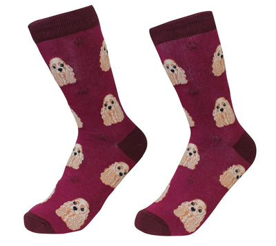 20 to 24 Cocker Spaniel faces woven on each pair of socks. super soft and comfortable and they are machine washable.
