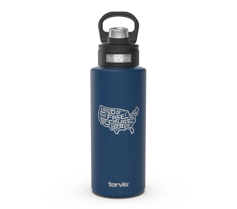 Land of the Free Map—engraved on Deepwater Blue Stainless Steel Wide Mouth Bottle with Deluxe Spout Lid Drinkware.