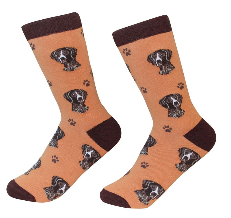 20 to 24 German Shorthaired Pointer faces woven on each pair of socks. super soft, comfortable and machine washable.