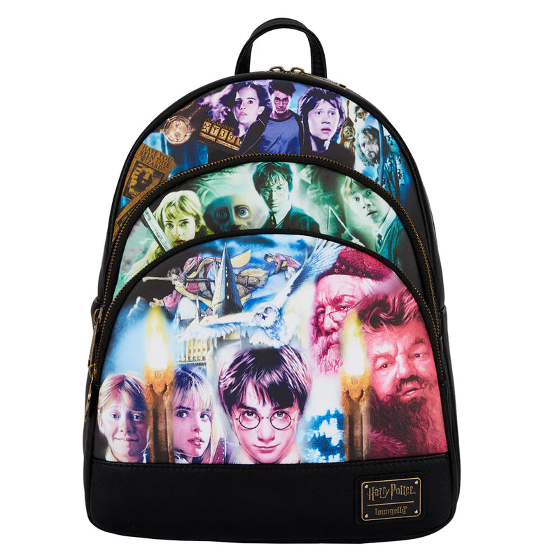 Harry Potter Trilogy: Mini Backpack with Straps, Side Pockets, Vegan Leather (Polyurethane), and Foil, Print, and Metal Zipper
