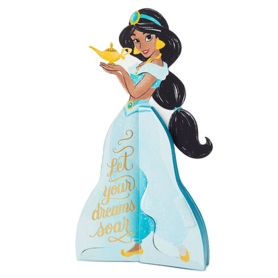A pop-up greeting card features an intricate laser-cut design of Disney Princess Jasmine from "Aladdin."