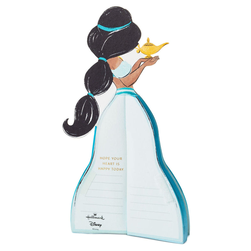 A pop-up greeting card features an intricate laser-cut design of Disney Princess Jasmine from "Aladdin."