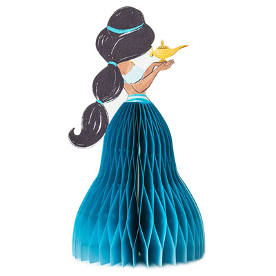 A pop-up greeting card features an intricate laser-cut design of Disney Princess Jasmine from "Aladdin."