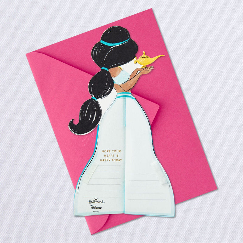 A pop-up greeting card features an intricate laser-cut design of Disney Princess Jasmine from "Aladdin."