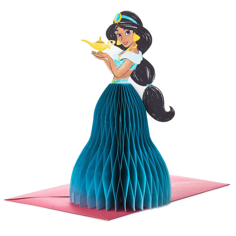 A pop-up greeting card features an intricate laser-cut design of Disney Princess Jasmine from "Aladdin."