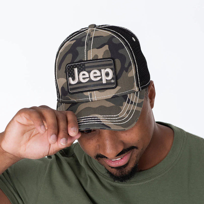 Fabric Front with Embroidered Appliqué Jeep® Logo and USA Flag Patch; Soft Mesh Back; Plastic Snap Closure Jeep Hat
