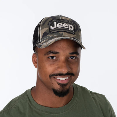 Fabric Front with Embroidered Appliqué Jeep® Logo and USA Flag Patch; Soft Mesh Back; Plastic Snap Closure Jeep Hat