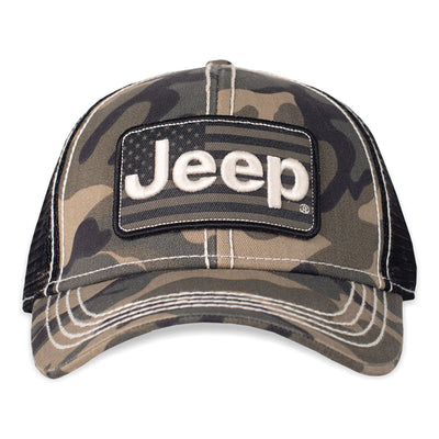 Fabric Front with Embroidered Appliqué Jeep® Logo and USA Flag Patch; Soft Mesh Back; Plastic Snap Closure Jeep Hat