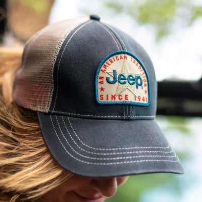 Heavy Washed Cotton Twill Front with Jeep® Logo Embroidered Patch, Super Soft White Mesh Back, and Plastic Snap Closure Jeep Hat
